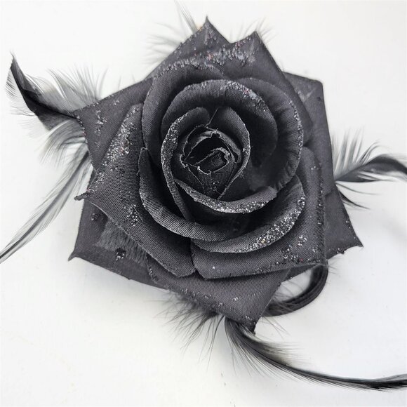 MENS Black Rose Feathers Corsage Black Rose Brooch Rose Floral Hair Tie  NEW - Picture 1 of 10